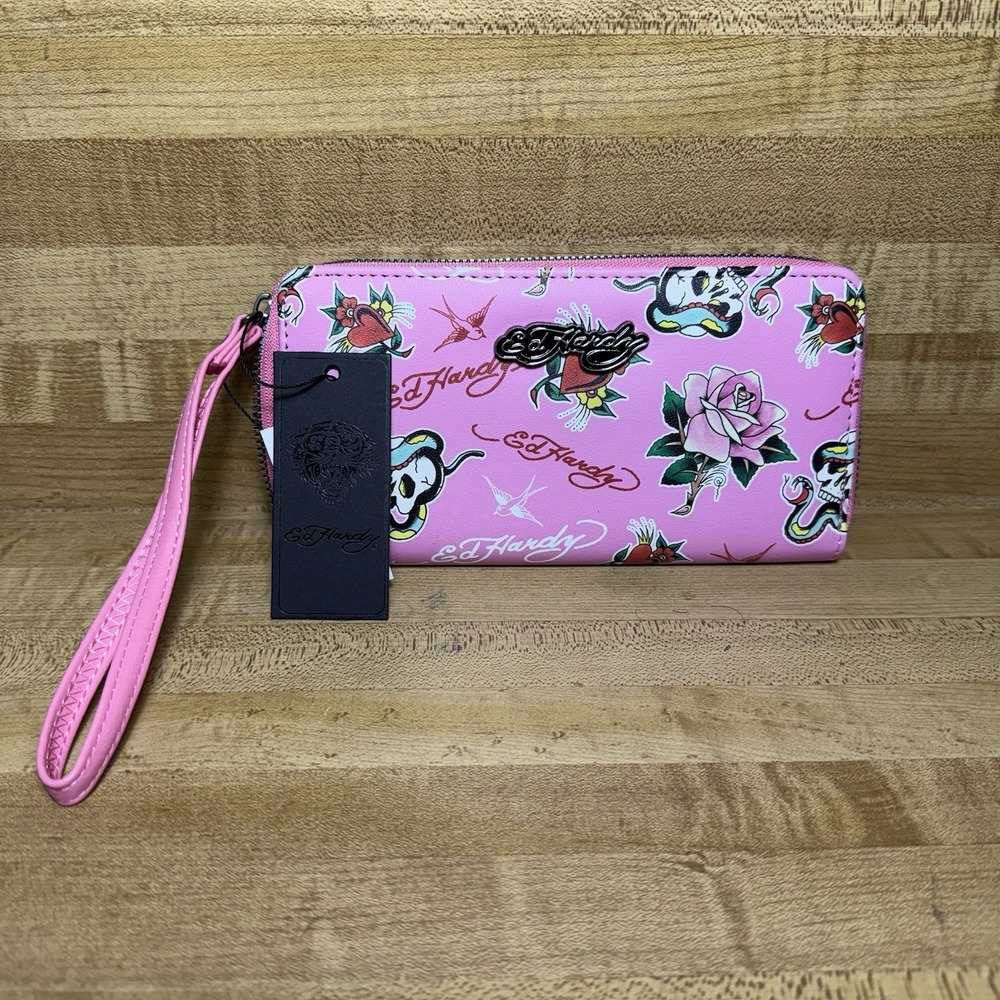 NWT Ed Hardy Pink  Tattoo Print Zip Around Wallet Wristlet 8" Zipper Y2K Style